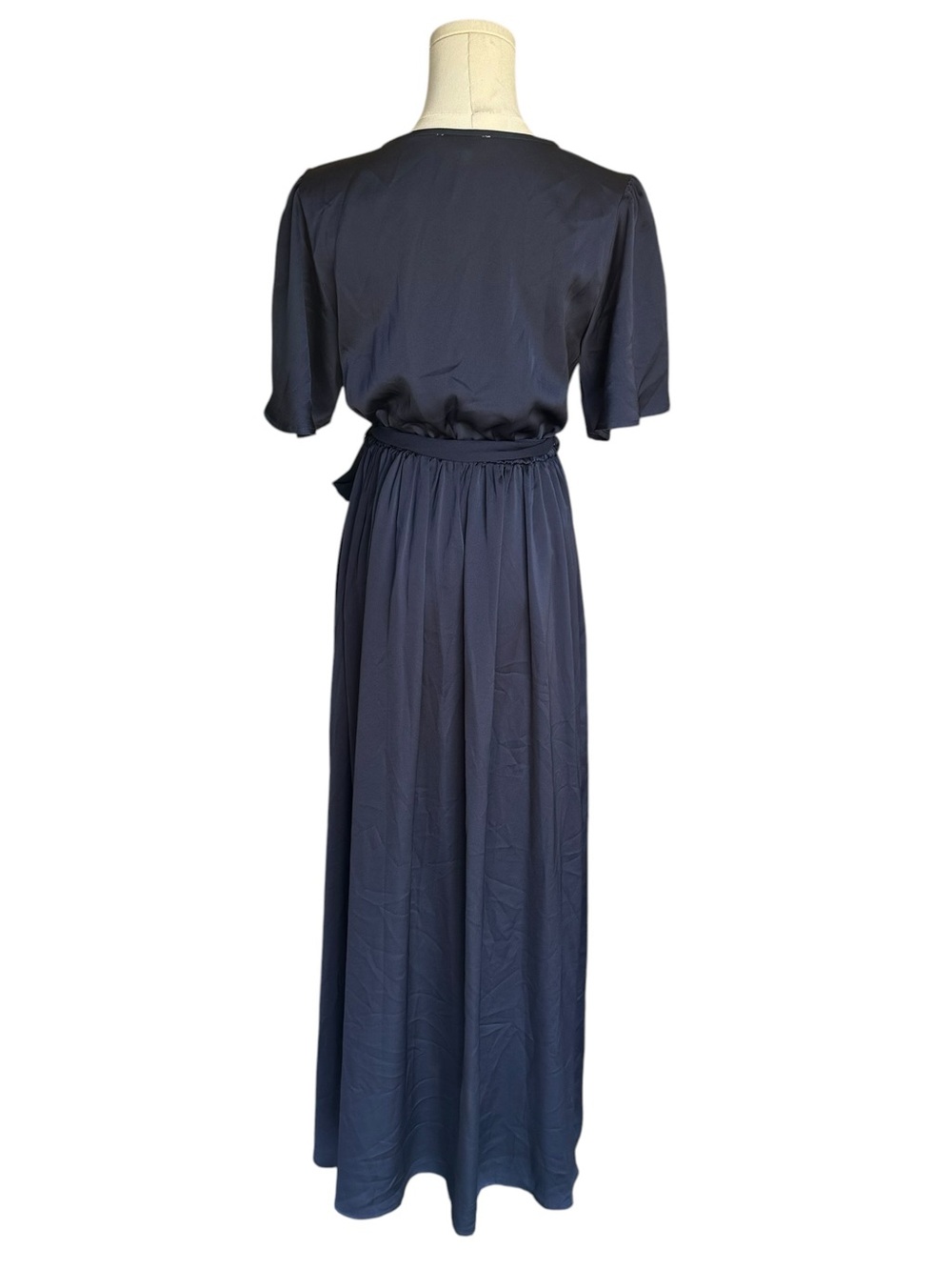 Baltic Born - NWT Navy Satin Wrap Maxi Dress Tie Waist Short Sleeve Sz M - Picture 4 of 8